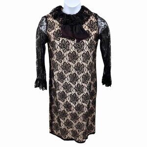 VINTAGE SEARS FASHIONS BLACK LACE OVERLAY DRESS W/ RUFFLED COLLAR & SLEEVES SATI